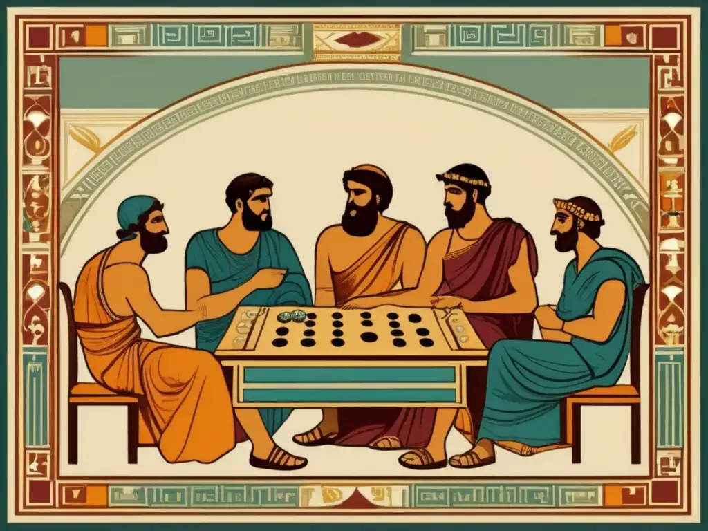Antiguos griegos jugando a los dados, capturando la esencia de la interacción social y el origen de los juegos de azar.