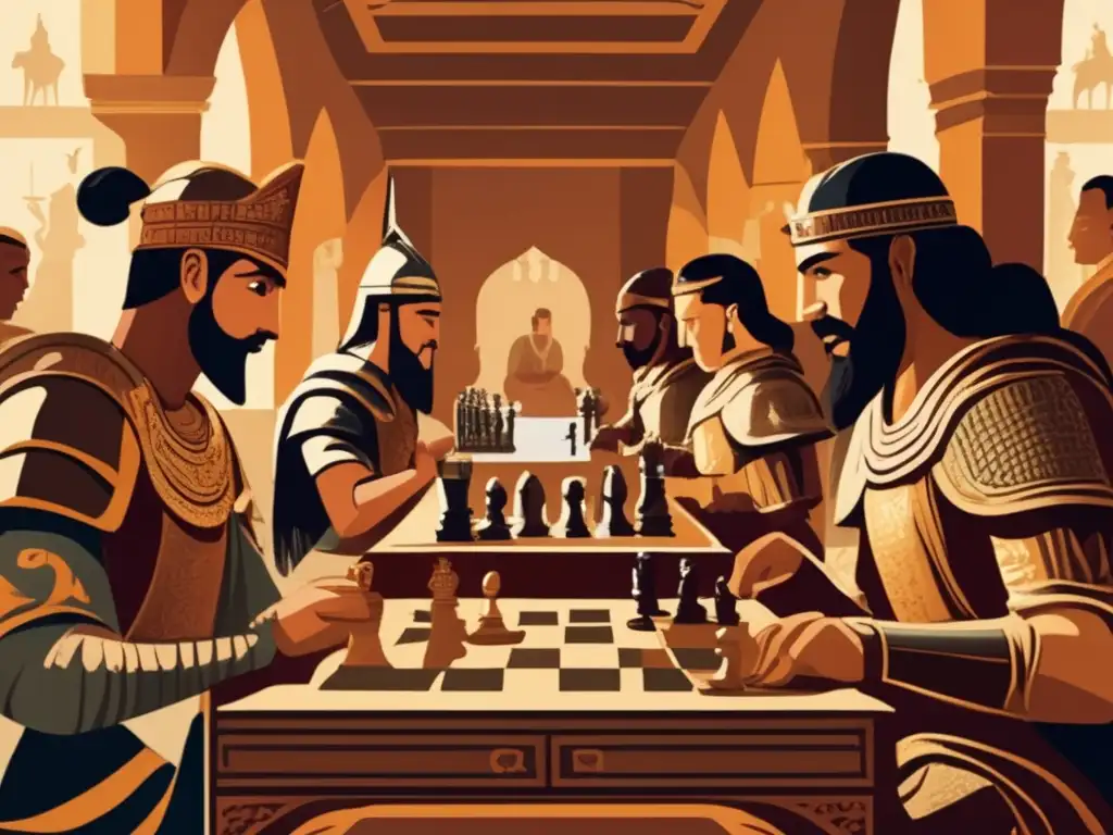 Dos antiguos guerreros juegan ajedrez en un gran salón decorado. <b>Su enfoque estratégico cautiva a los espectadores.</b> <b>Origen cultural y evolución del ajedrez.