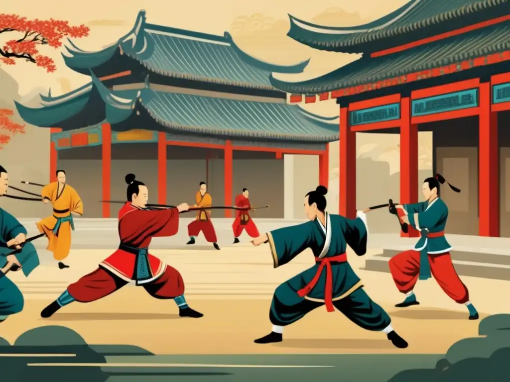 Antiguos guerreros chinos practicando Kung Fu en un patio tradicional, evocando la estrategia y artes marciales en la China antigua.