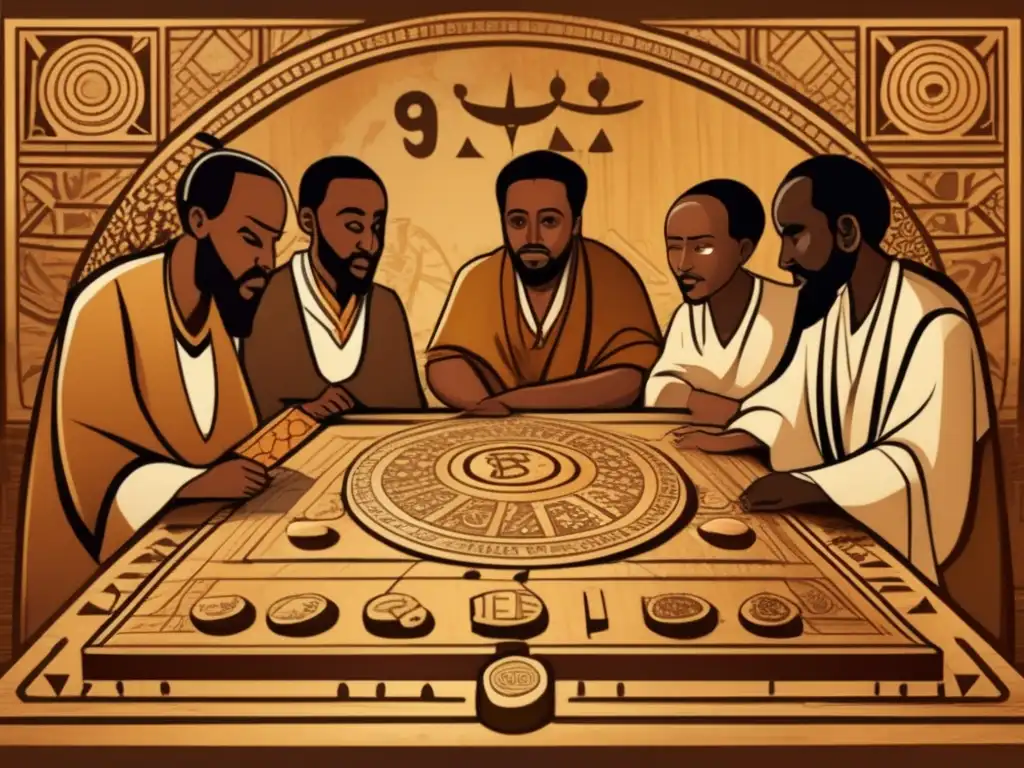 Antiguos matemáticos etíopes juegan Gebeta, mostrando la influencia de Gebeta en matemáticas con patrones geométricos y herramientas matemáticas.