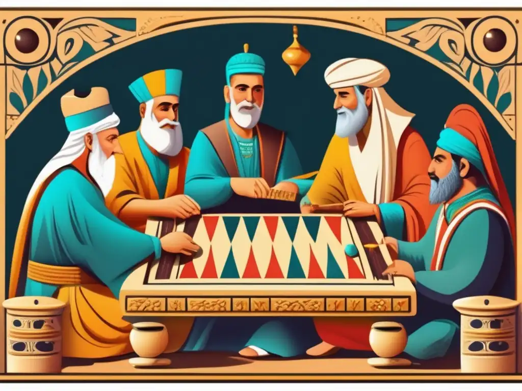 'Ilustración vintage en 8k de antiguos mesopotámicos jugando backgammon en bullicioso mercado, reflejando el origen y evolución del backgammon.'