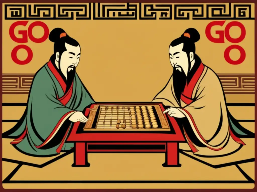 Antiguos sabios chinos juegan Go, destacando la concentración y la belleza del tablero. <b>Historia y impacto cultural del Go.