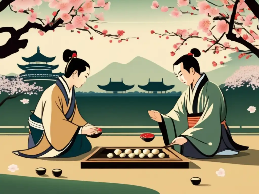 Dos antiguos sabios chinos juegan al Go bajo los cerezos en flor. <b>La influencia cultural del Go oriental se refleja en esta ilustración vintage.