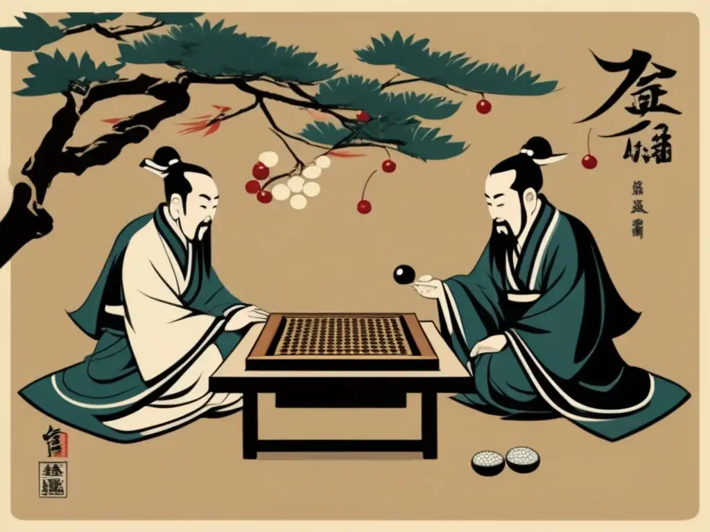 Dos antiguos sabios chinos juegan Go en un hermoso jardín, evocando la historia del juego de Go y la sabiduría ancestral.