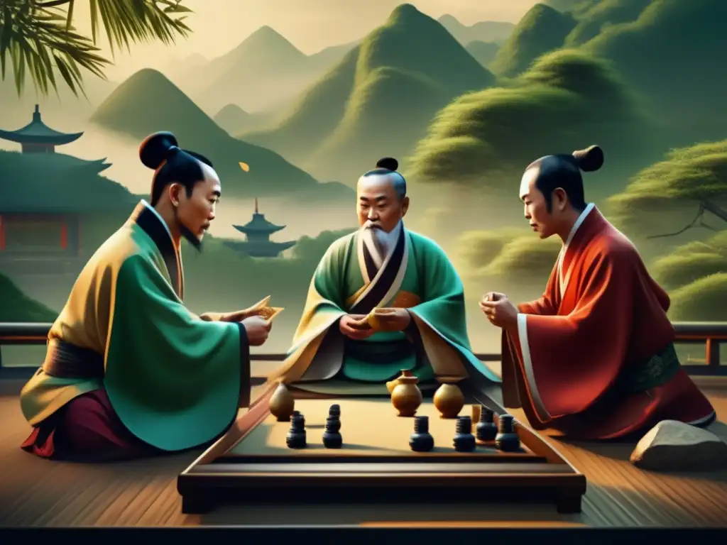 Dos antiguos sabios chinos juegan Go en un paisaje de montañas y bambú, transmitiendo la historia del juego de Go en Asia.