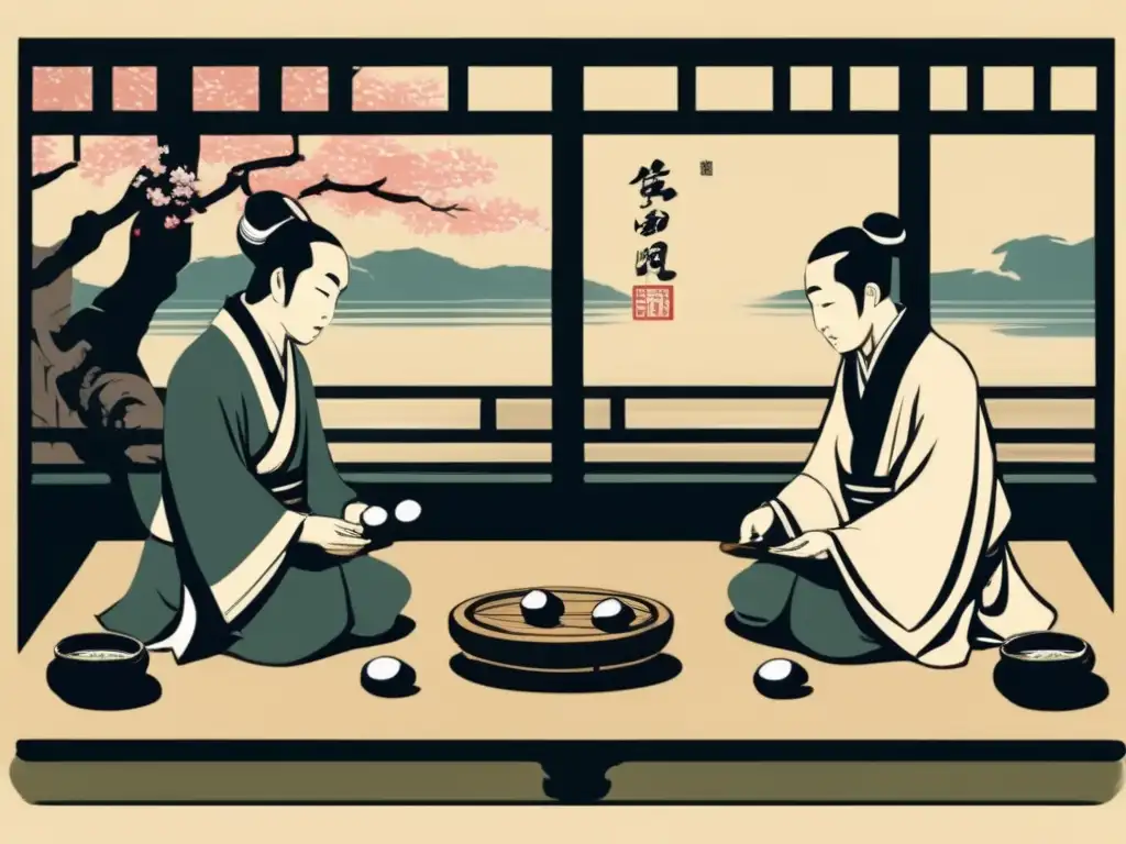 Dos antiguos sabios juegan Go en un patio asiático, concentración y tranquilidad entre los cerezos en flor. <b>Historia del juego de Go en Asia.