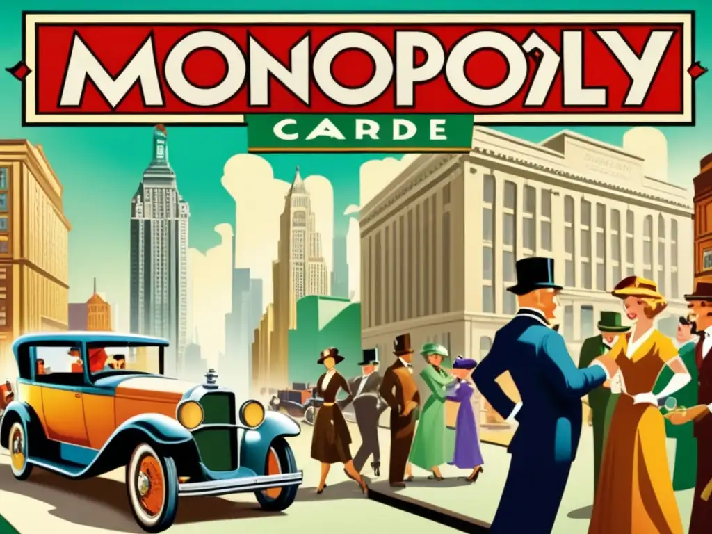 Un anuncio vintage del juego de mesa Monopoly, reflejo del juego en la Gran Depresión, con una escena bulliciosa de la ciudad de los años 30, colores cálidos y evocadores.