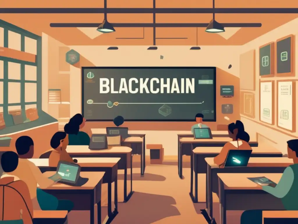 Clase interactiva con blockchain en ilustración vintage
