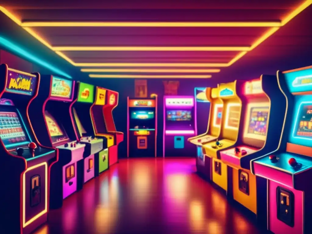 Un arcade retro con luces de neón coloridas y brillantes crea una atmósfera cálida. Diversas personas juegan videojuegos clásicos, creando un ambiente nostálgico y de camaradería. <b>Entrenamiento de inteligencia artificial mediante videojuegos.