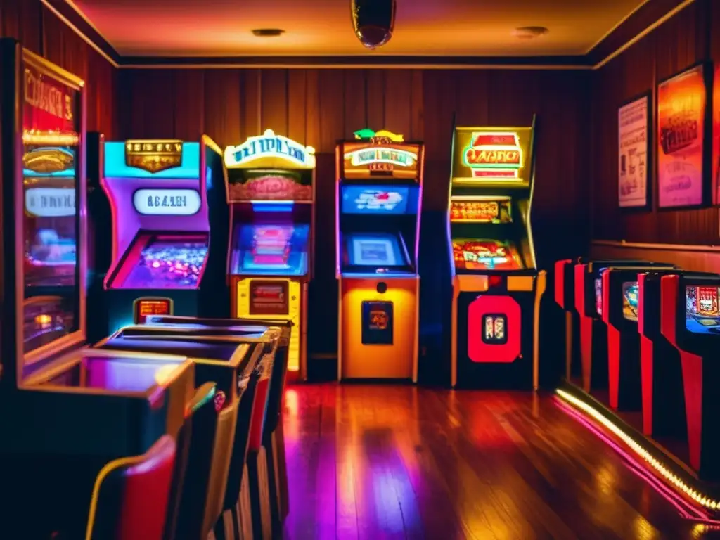 Un arcade vintage con máquinas clásicas de pinball y letreros de neón, bañado en una cálida y nostálgica luz. El suelo de madera desgastado y la decoración retro crean una atmósfera acogedora, con clientes reunidos alrededor de los juegos, sus