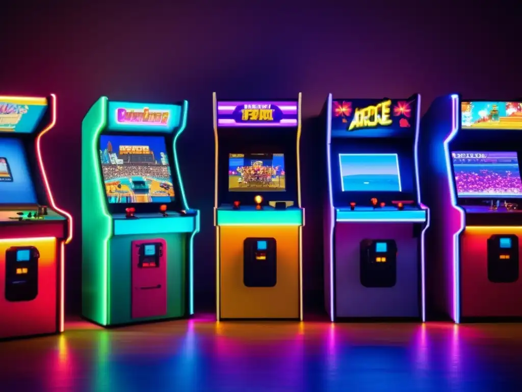 Un arcade vintage con pixel art colorido en una sala iluminada con neón, mostrando escenas vibrantes de videojuegos modernos. <b>Desarrollo de videojuegos modernos con APIs gráficas.