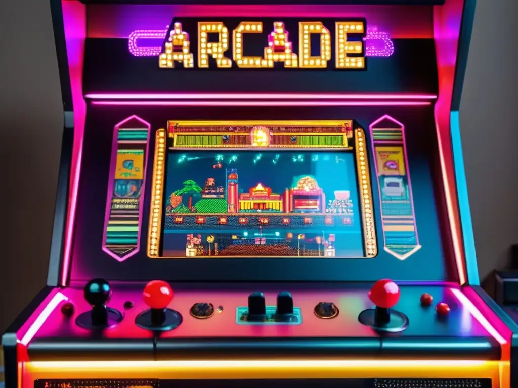 Un arcade vintage con pixel art vibrante y detalles intrincados de circuitos, iluminado por neón. <b>Pioneros programadores era arcade.