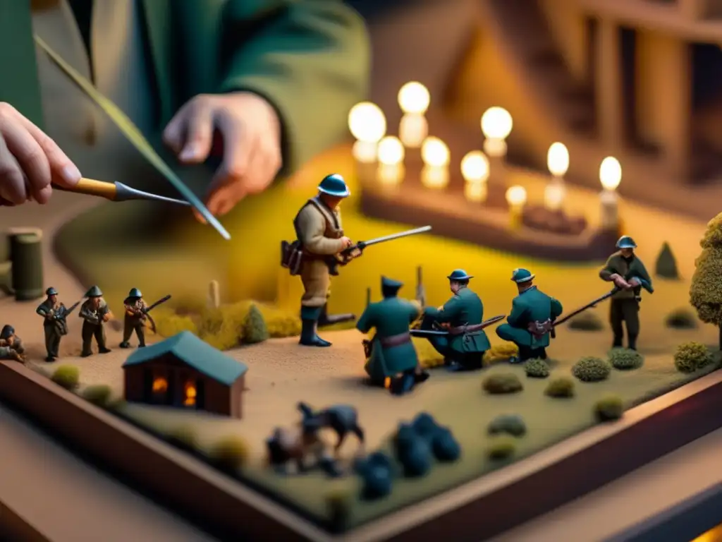 Un artesano pinta con cuidado una maqueta de un campo de batalla histórico, iluminado suavemente, evocando nostalgia y artesanía. <b>Construcción maquetas juegos dioramas.