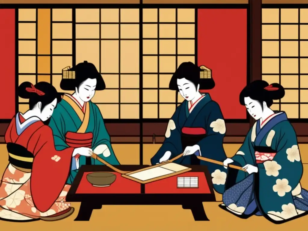 Artífices japoneses crean meticulosamente cartas hanafuda en una atmósfera serena. <b>Historia y impacto cultural hanafuda.