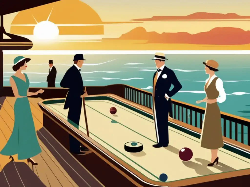 Un atardecer nostálgico en un crucero, con gente jugando shuffleboard en vestimenta de los años 20. <b>Refleja el origen y evolución del shuffleboard.