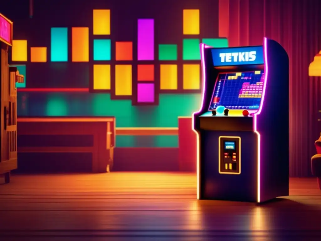 La atmósfera nostálgica y acogedora de una máquina arcade vintage con el icónico juego Tetris, capturando la influencia psicológica del juego.