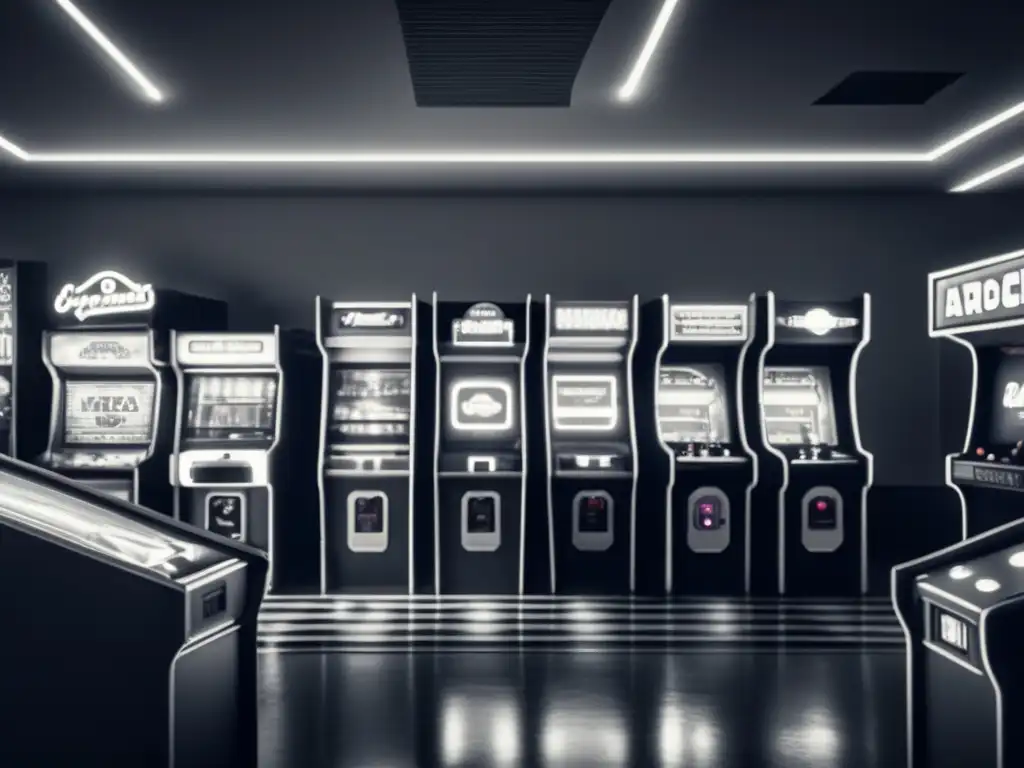 'Atmósfera nostálgica de un arcade retro con máquinas clásicas y luces de neón. Influencia de los DLCs en la industria del juego.'