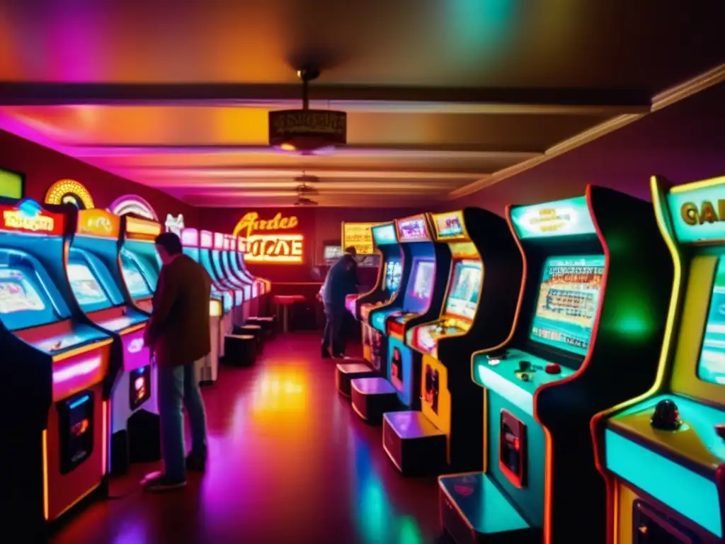 'Atmósfera nostálgica de un arcade vintage con máquinas y neon signs, evocando la psicología detrás del exceso de juego.'