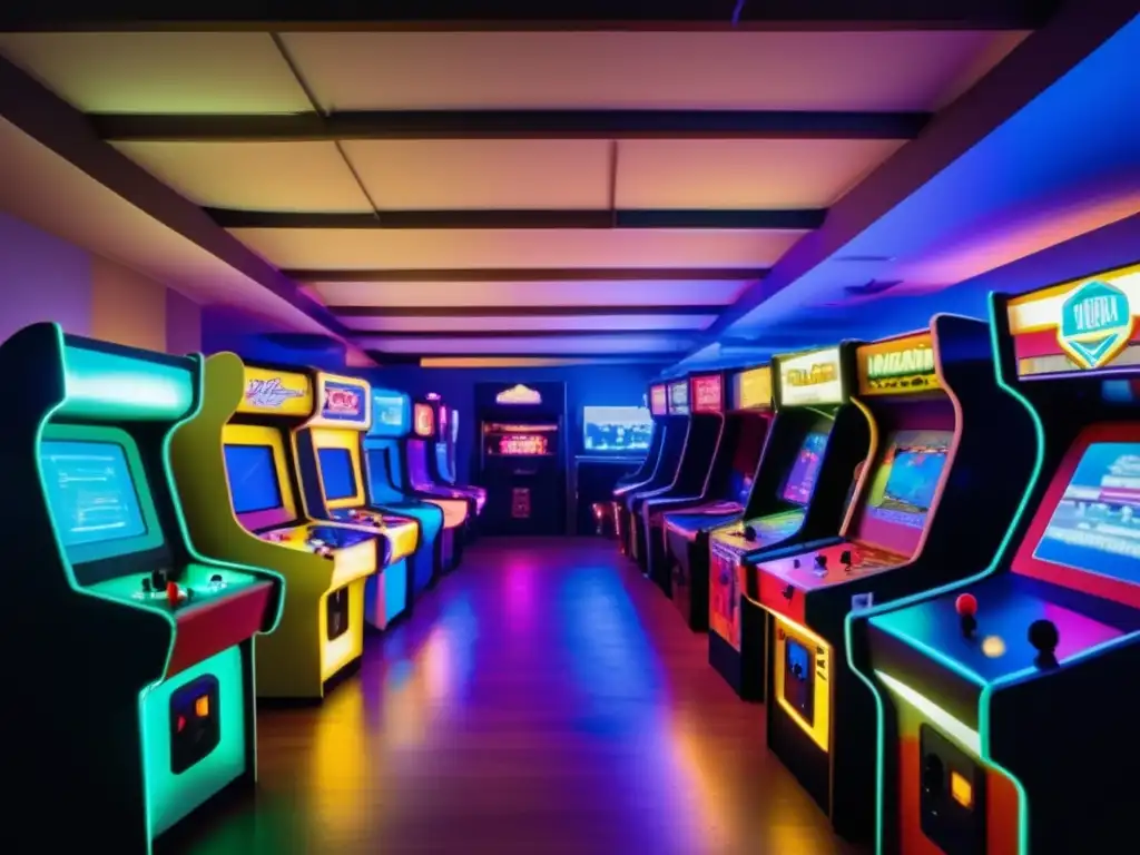 Una atmósfera retro en una sala de juegos vintage llena de gabinetes de videojuegos, iluminada por neón y llena de emoción. <b>Jugadores de todas las edades están reunidos, inmersos en los juegos, mientras suenan las nostálgicas melodías de los videojuegos retro.</b> Las pantallas