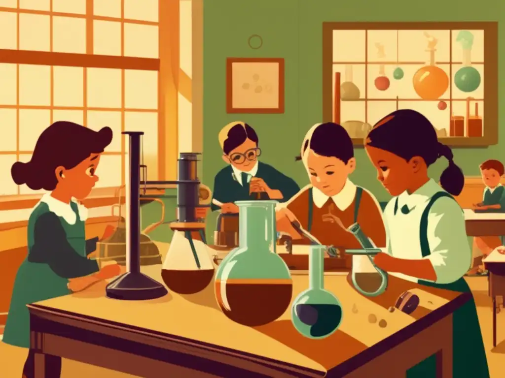 Un aula vintage con estudiantes de primaria realizando experimentos científicos, fomentando la curiosidad y la participación.