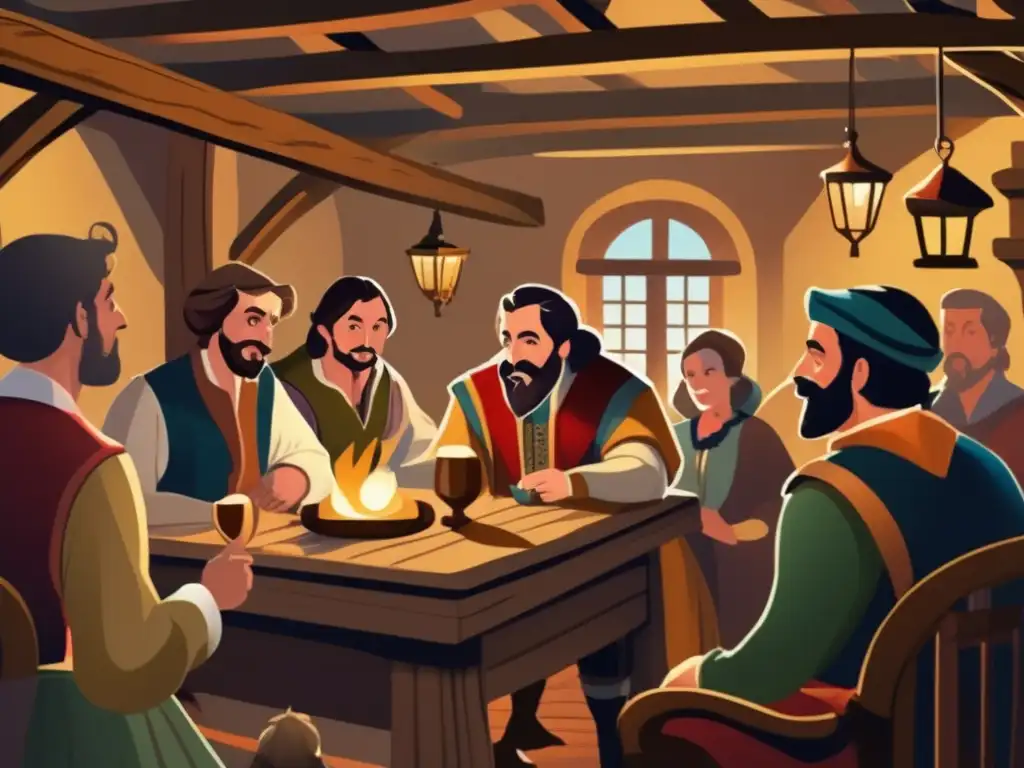 Un bardo cautiva a su audiencia en una taberna medieval, transmitiendo el impacto cultural de Dragon Age en una ilustración detallada y vintage.