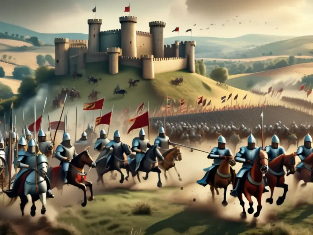 Batalla medieval con caballeros, arqueros y soldados en un campo. <b>Castillo al fondo.</b> <b>Detalles tácticos evolución de los juegos estrategia tiempo real.