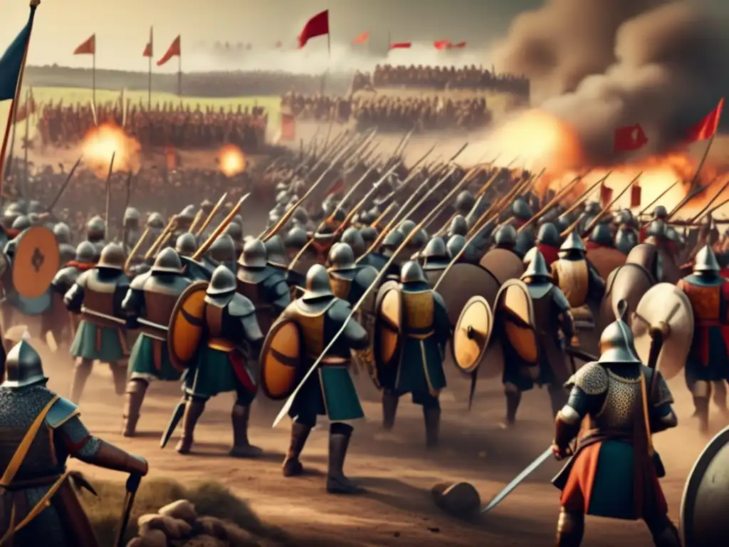 Batalla medieval detallada con dos ejércitos enfrentados, armaduras y armas intrincadas, táctica militar y evolución de juegos RTS.