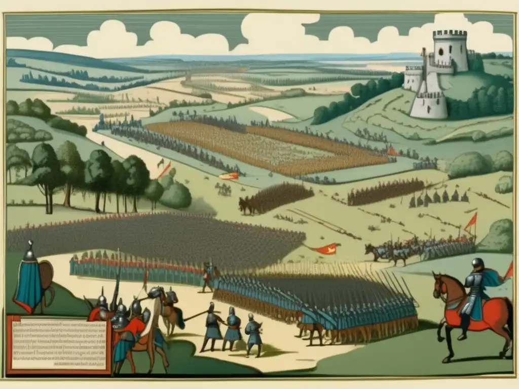 Ilustración vintage de una batalla medieval con soldados estrategizando en el campo, generales observando desde lejos, como un juego de ajedrez. <b>Influencia del ajedrez en estrategia militar.