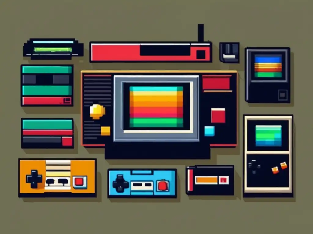 Una representación de 8 bits con consola retro, cartuchos clásicos y TV vintage. <b>Influencia actual de los 8 bits.