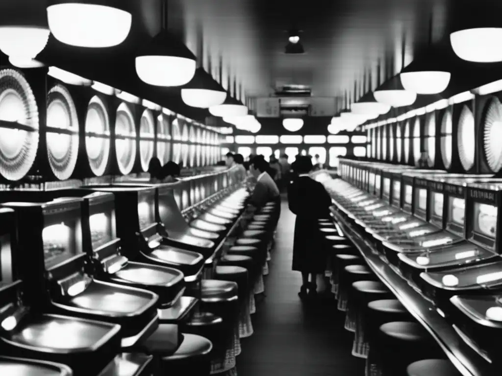 La fotografía en blanco y negro muestra un bullicioso salón de Pachinko en Japón de los años 50, evocando la historia y el impacto cultural del Pachinko en Japón.