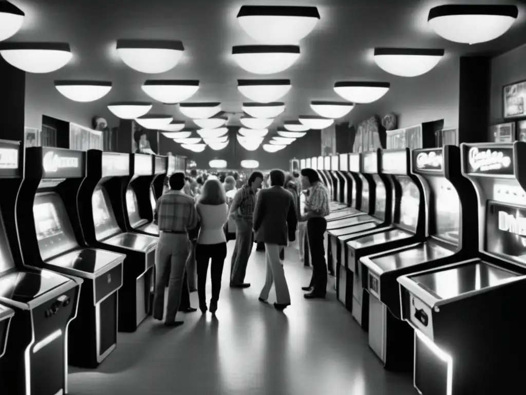 Una fotografía en blanco y negro de una concurrida sala de juegos de la década de 1970, con máquinas arcade clásicas y gente reunida alrededor de un juego de Pong. El ambiente nostálgico y emocionante refleja el impacto cultural y la revolución de los videojuegos.