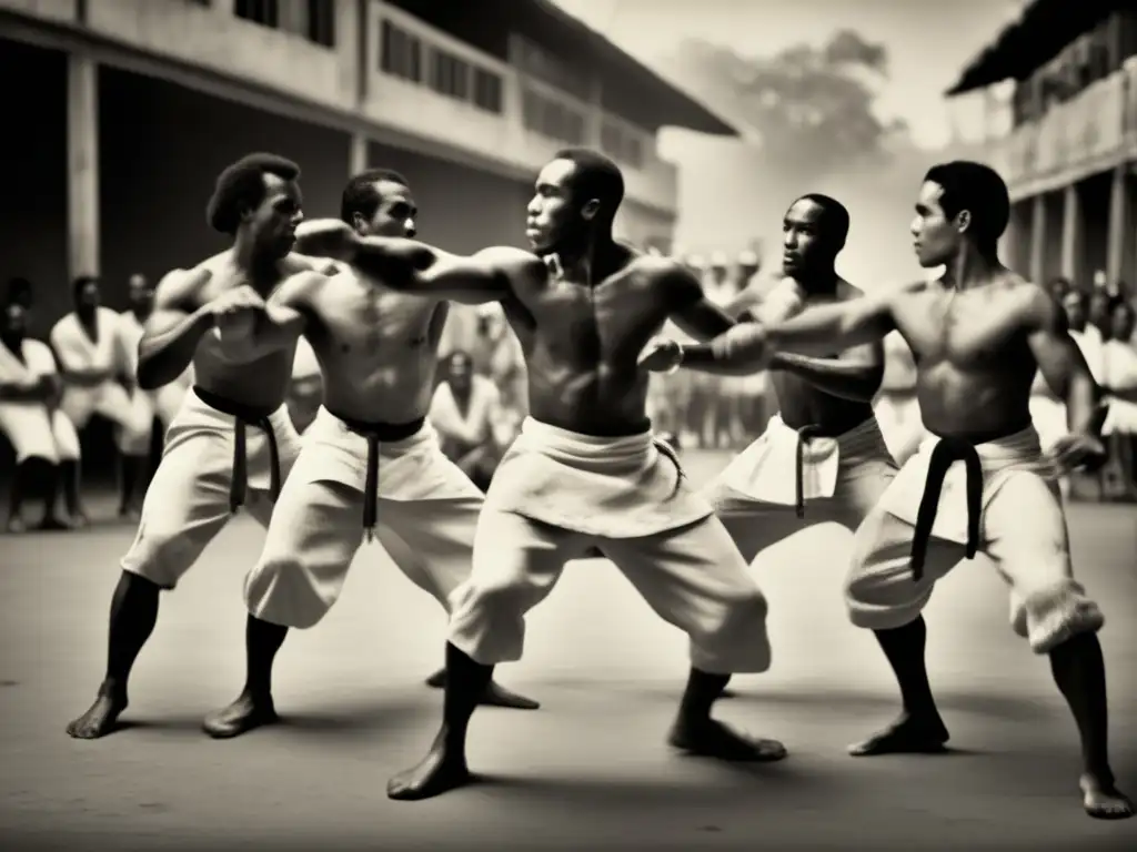 Una fotografía en blanco y negro de practicantes de capoeira en círculo, con intensidad y determinación. <b>Captura la esencia de la danza y arte marcial de la capoeira, exudando tradición y herencia cultural.</b> <b>Origen y evolución de la capoeira.