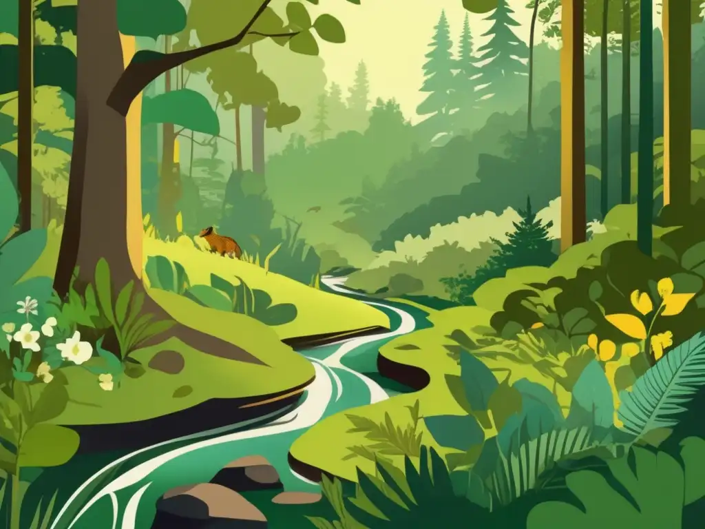 Un bosque exuberante y vida silvestre, con luz solar filtrándose a través del dosel y un arroyo serpenteante. <b>Detalles ricos evocando tranquilidad y armonía natural.</b> <b>Ilustración en estilo vintage.</b> Blockchain juegos sostenibles impacto ecológico.