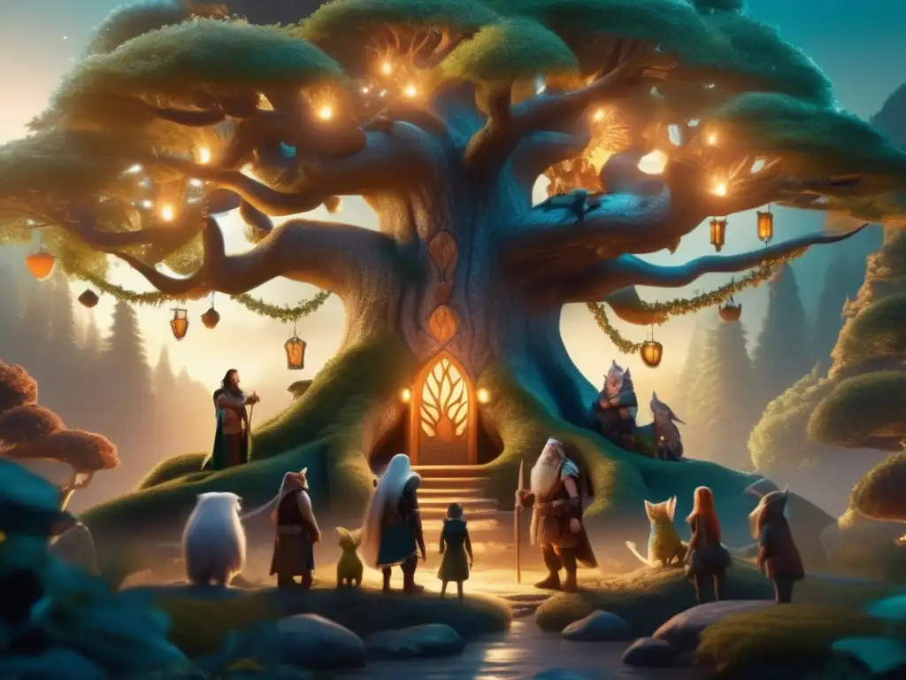 Un bosque místico con criaturas fantásticas reunidas alrededor de un árbol antiguo y brillante, evocando música en juegos de fantasía.