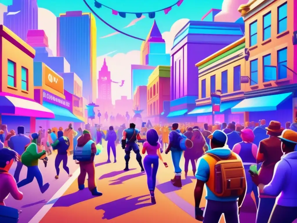 Una ilustración vintage de una bulliciosa calle de la ciudad, donde personas de todas las edades y orígenes juegan Fortnite en dispositivos diversos, reflejando el éxito económico de Fortnite en la cultura de juego contemporánea.