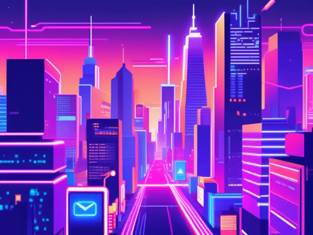 'Ilustración de una bulliciosa ciudad digital con rascacielos pixelados y comunidades virtuales interconectadas. <b>Impacto de las comunidades virtuales en la cultura.'