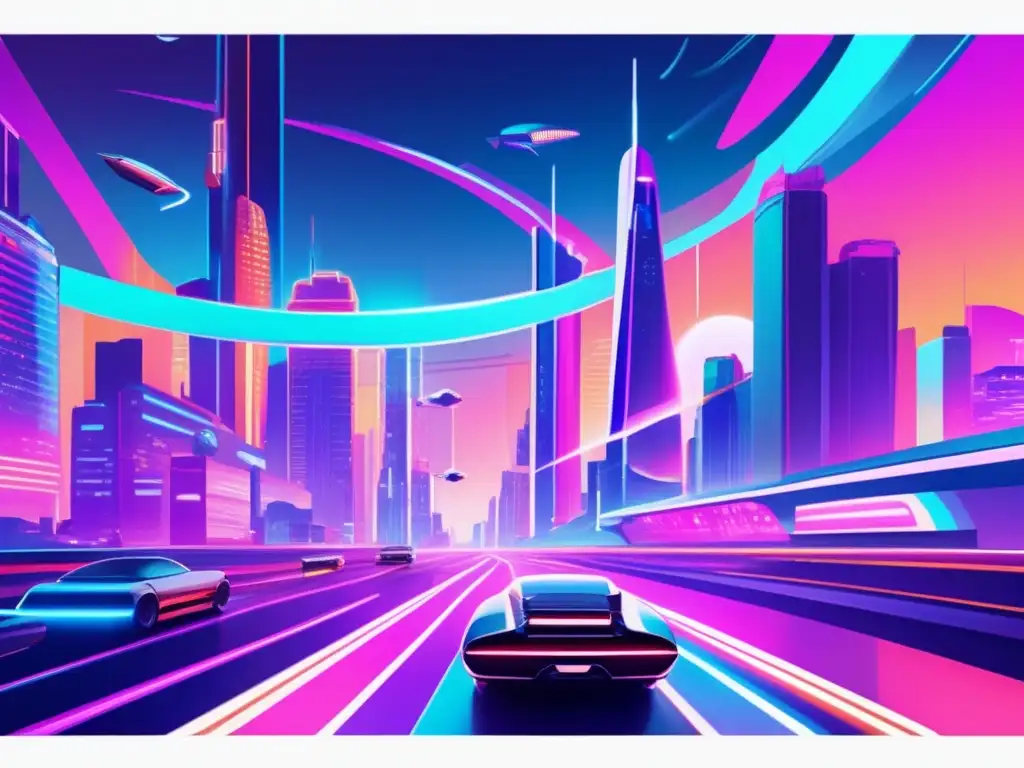 Una ilustración vintage de una bulliciosa ciudad futurista llena de luces de neón, tecnología futurista y el impacto de la realidad virtual.