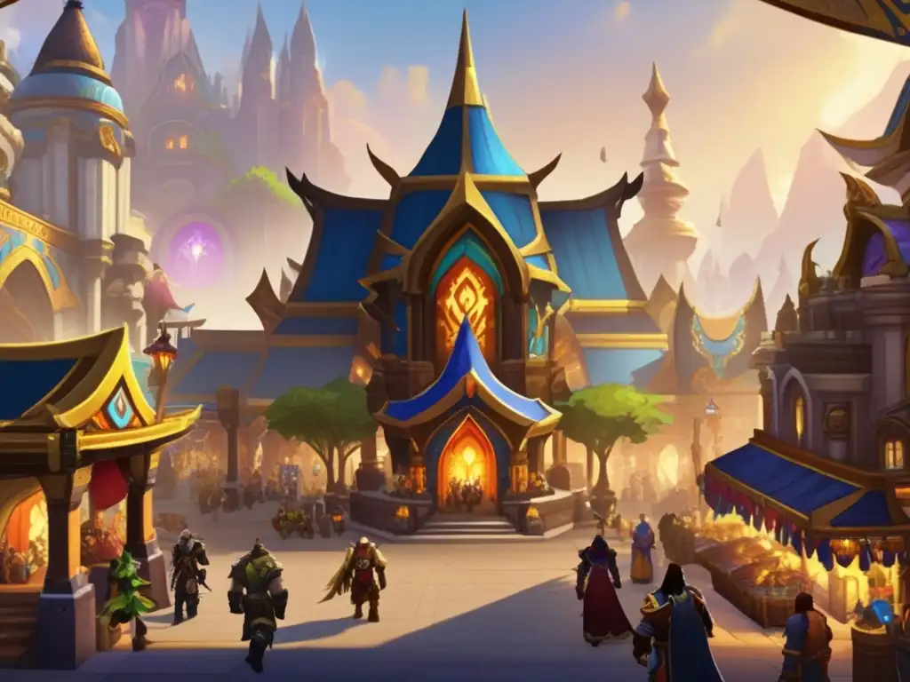 Una bulliciosa ciudad de World of Warcraft, con influencias culturales diversas y estilos arquitectónicos variados. Impacto cultural World of Warcraft.
