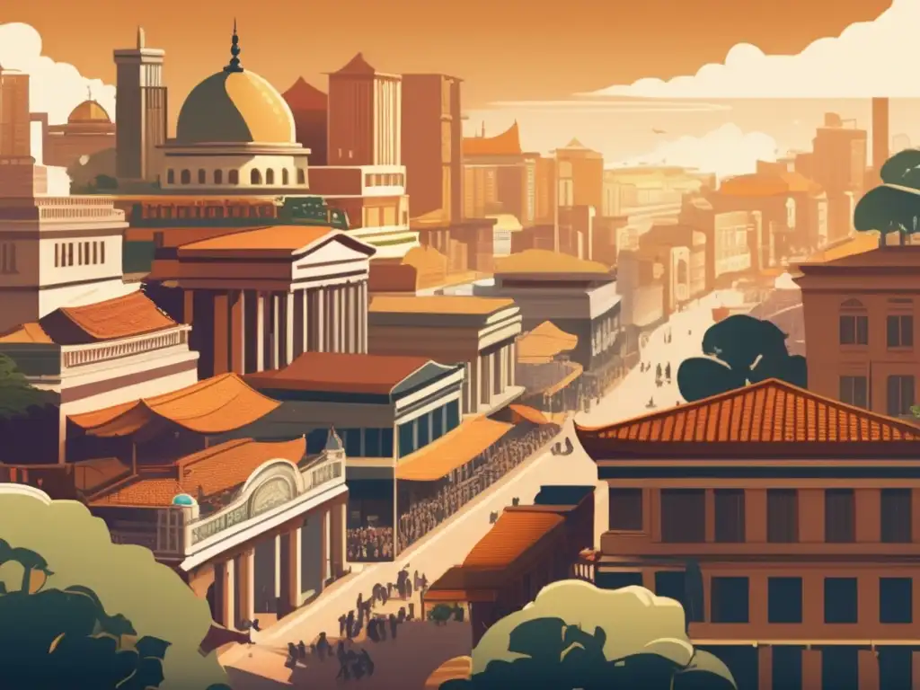 Una ilustración vintage de una bulliciosa ciudad, evocando el legado de Civilization en juegos estrategia con detalles y calidez atemporal.