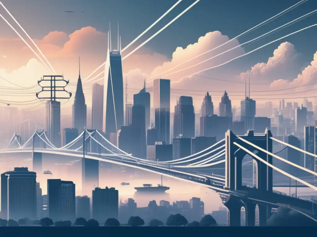 Una ilustración vintage de una bulliciosa ciudad con rascacielos imponentes y complejas redes viales, conectadas por cables eléctricos. La ciudad está envuelta en una suave neblina, evocando una sensación nostálgica y atemporal que destaca la complejidad y la intercon