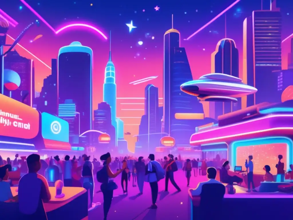 Una ilustración vintage de una bulliciosa comunidad virtual, con rascacielos futuristas, avatares diversos y actividades emocionantes, capturando el impacto de las comunidades virtuales.