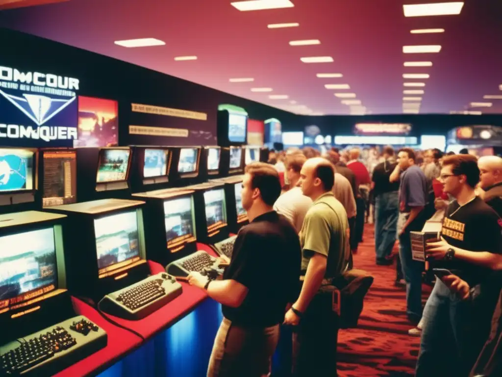 Una bulliciosa convención de juegos de computadora de los años 90, con un concurrido stand de Command & Conquer y entusiastas probando el último juego. Refleja la popularidad de la serie Command & Conquer y su impacto cultural en la industria de los videojuegos.