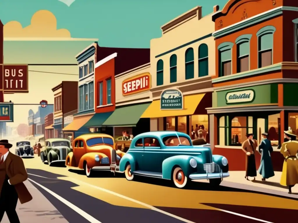 Una bulliciosa escena de la calle de la ciudad de la década de 1940, con autos antiguos, peatones vestidos de la época y tiendas con letreros pintados a mano. La imagen captura la esencia de la vida urbana vibrante de una era pasada, con tonos cálidos sep