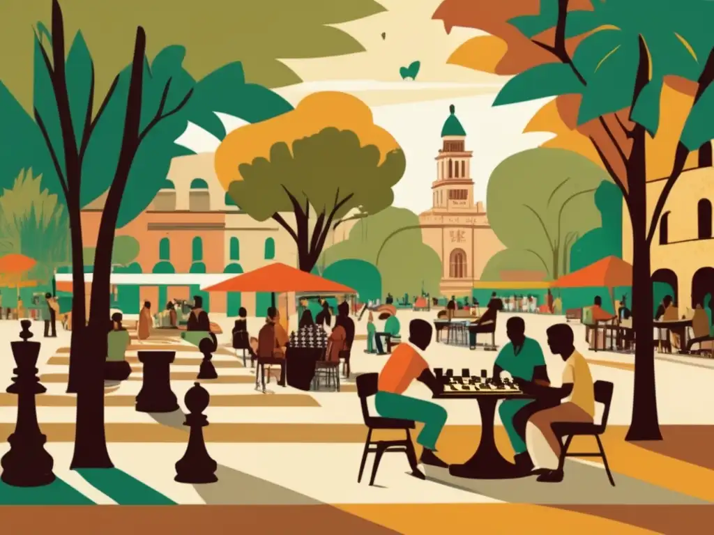 Una ilustración vintage de una bulliciosa plaza en una ciudad latinoamericana, con personas reunidas alrededor de mesas de ajedrez bajo la sombra de grandes árboles frondosos. La escena vibrante captura el impacto cultural del ajedrez en el corazón de América, con jugadores inmersos