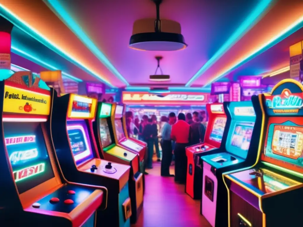 Una fotografía vintage de una bulliciosa sala de juegos de los años 80, con luces de neón, máquinas de juegos retro y expresiones de emoción y concentración en los rostros de los jugadores. La composición transmite el impacto cultural de la historia de los juegos, con un encanto nostálgico