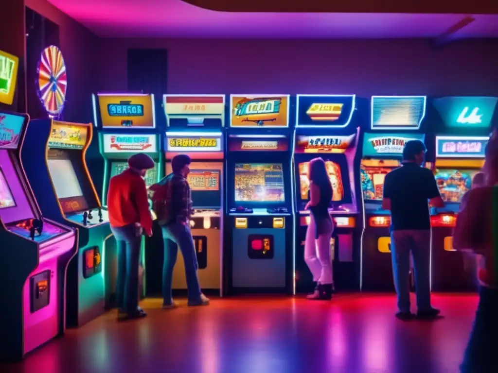 Un bullicioso arcade de los años 80, con gamers entusiastas y coloridos gabinetes, evocando la nostalgia de la cultura de los juegos y su impacto cultural en la tecnología.