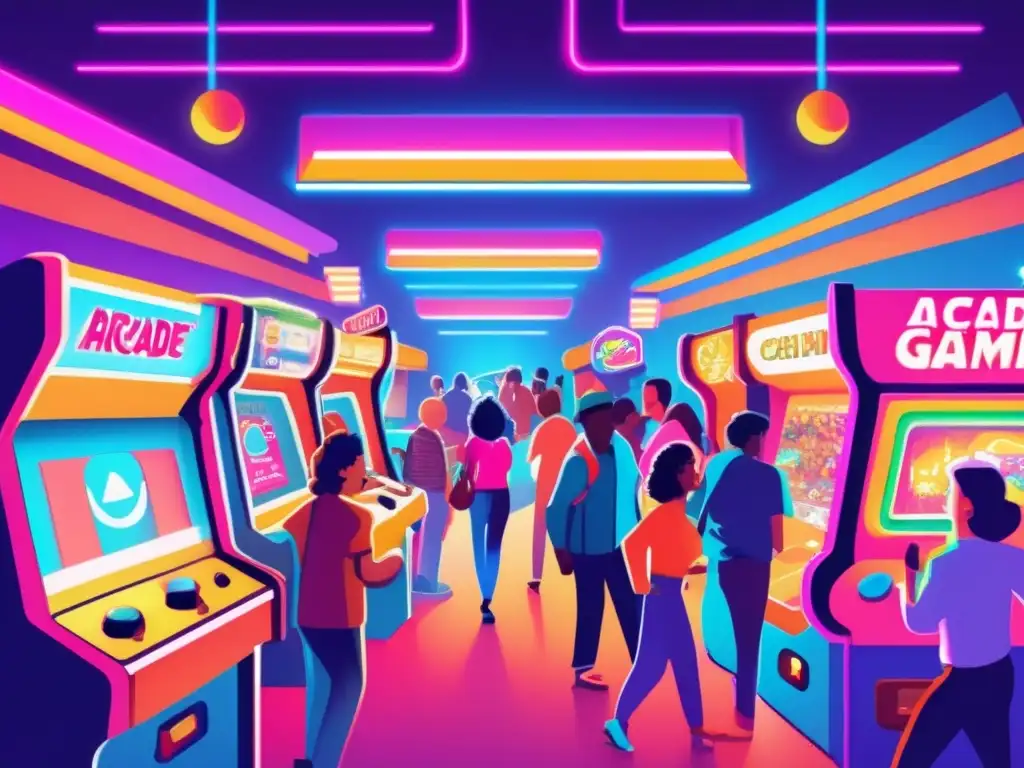 Un bullicioso arcade de los años 80, con luces de neón, máquinas de juegos retro y gente diversa disfrutando. <b>Vínculo positivo entre videojuegos y TDAH.