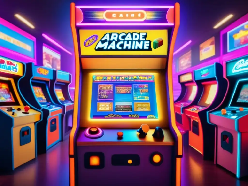 Un bullicioso arcade retro lleno de luces de neón y entusiastas jugadores, listos para insertar monedas en una máquina de arcade vintage. <b>Captura la emoción y el impacto cultural de las microtransacciones.