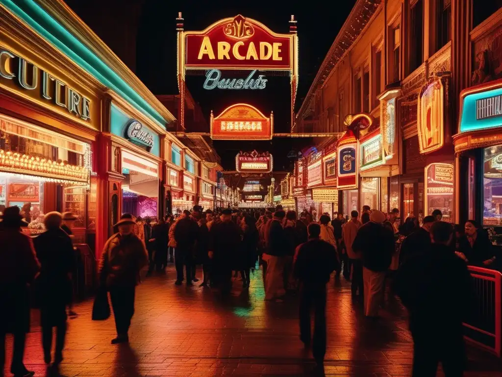 Un bullicioso arcade urbano, con máquinas de juegos retro, luces de neón y multitudes disfrutando. <b>Refleja el impacto cultural de los juegos.