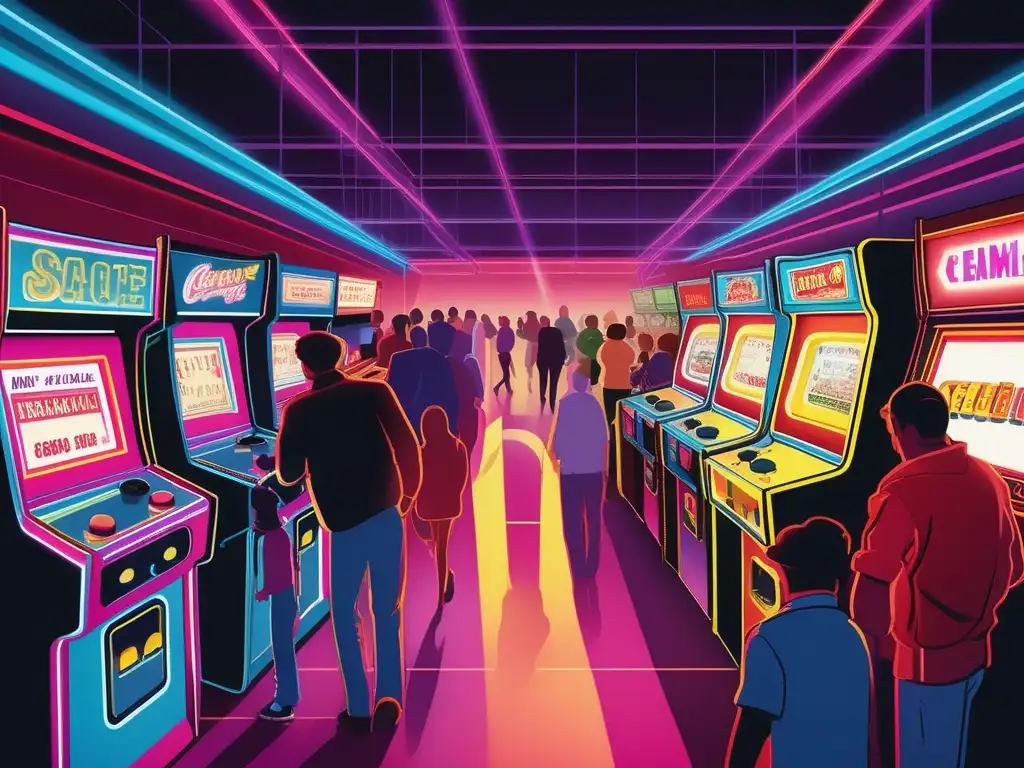 Un bullicioso arcade vintage de los años 80 con luces de neón y máquinas clásicas. <b>Personas de todas las edades disfrutan del entretenimiento interactivo.</b> La atmósfera rebosa energía y nostalgia, capturando la evolución del entretenimiento interactivo.
